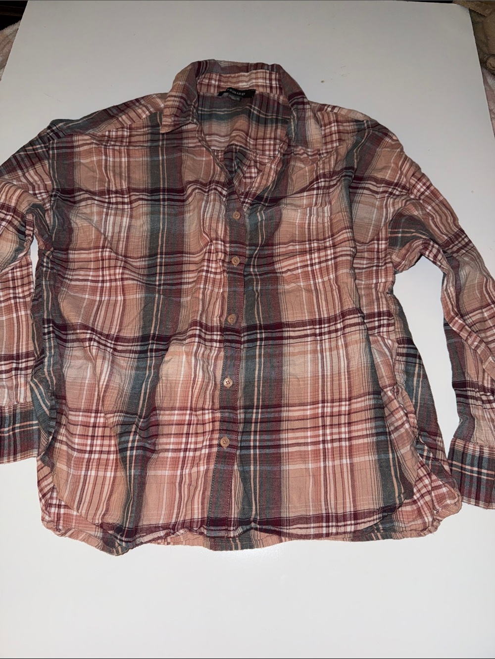 Primark Plaid Button-Down Shirt in Peach, Burgundy and Gray